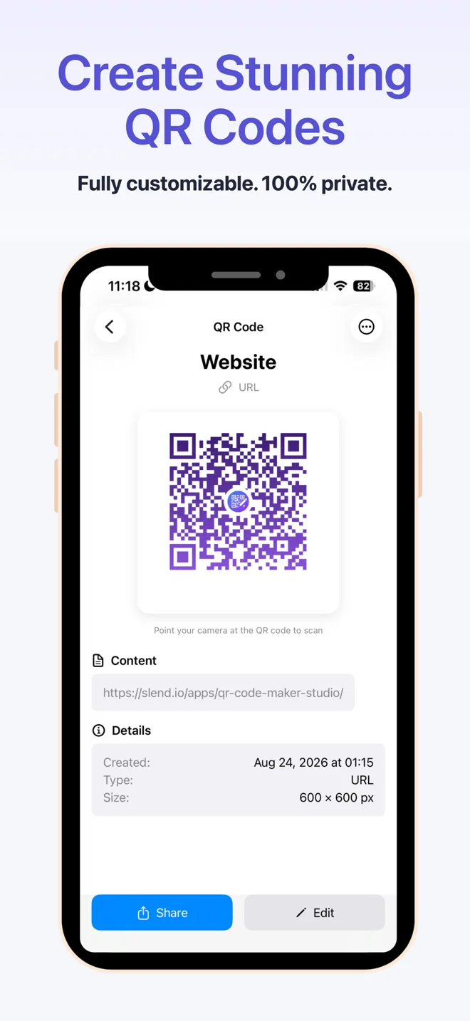 QR Code Maker Studio home screen showing a customized QR code