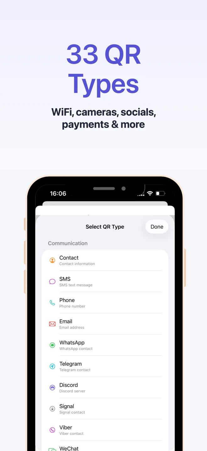 Screen listing the 33 supported QR code types