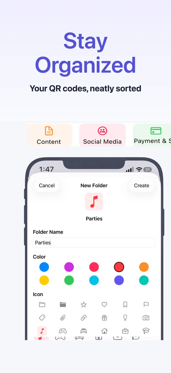 Saved QR codes organized in folders
